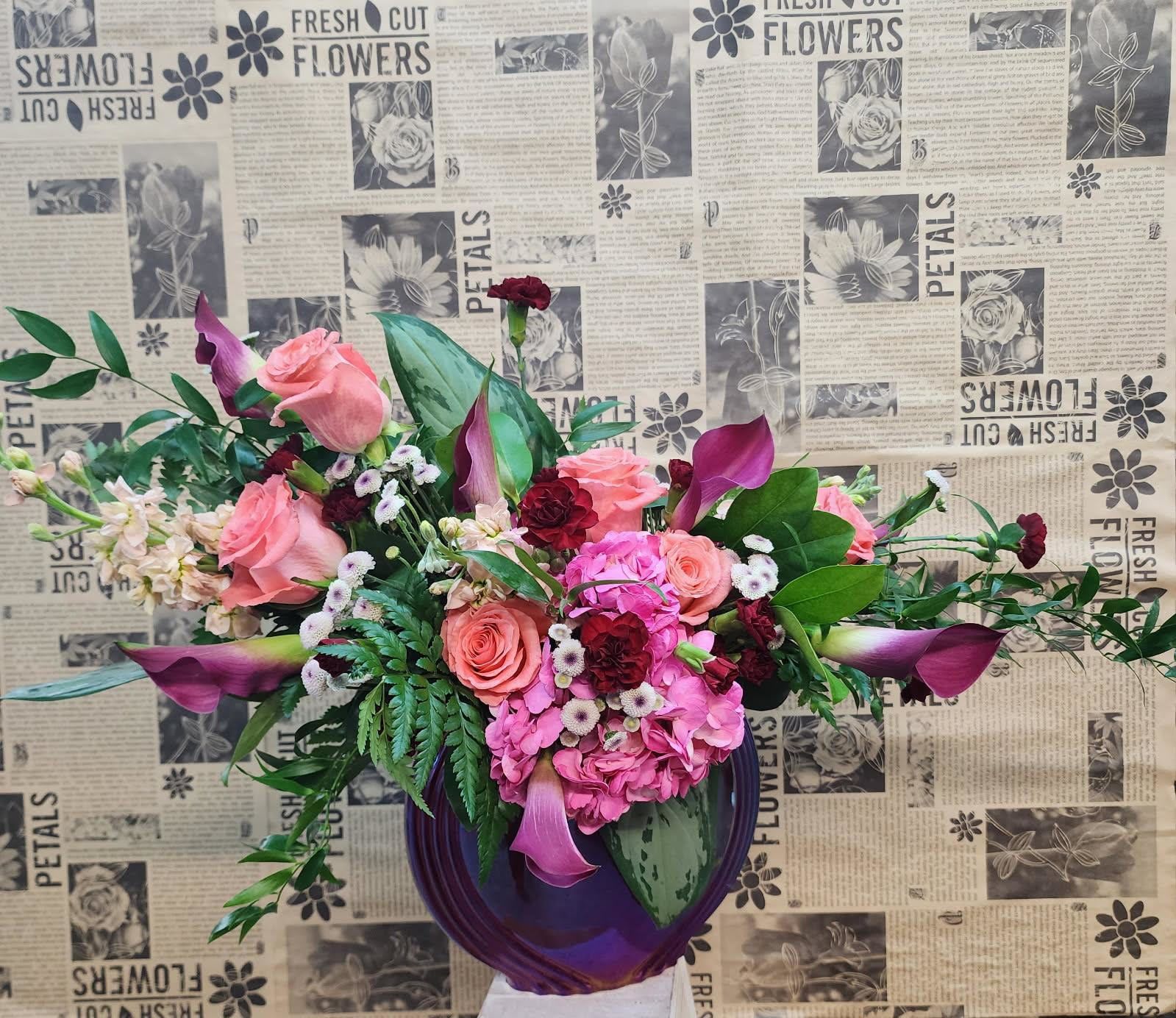 Fun &amp; Flirty - Asymmetrical Pink Floral Arrangement in Pink Heart-shaped Vase