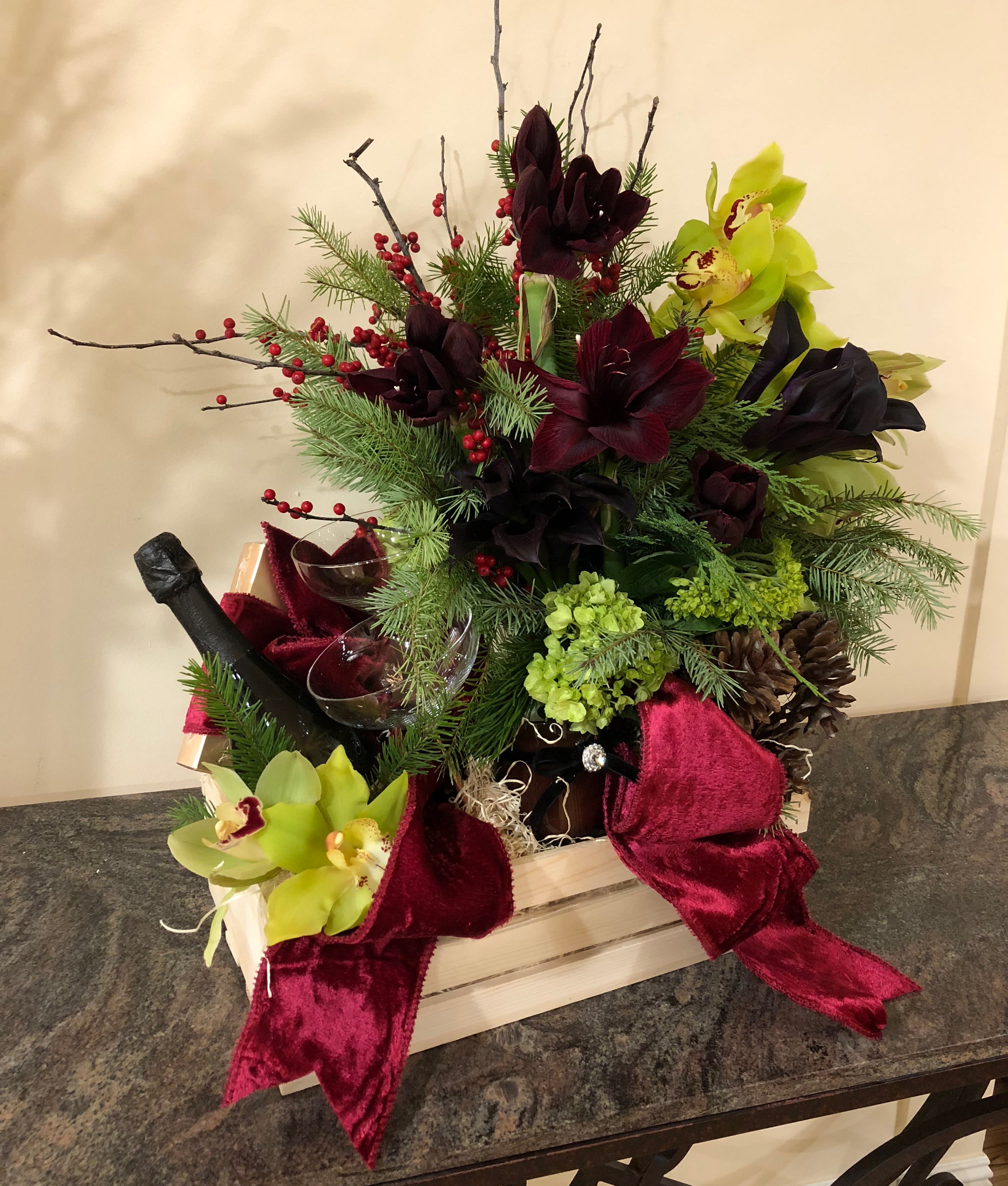 Celebrate in style - Luxurious gift basket for Christmas with a beautiful arrangement, champagne, old fashion champagne glasses, candle and chocolates