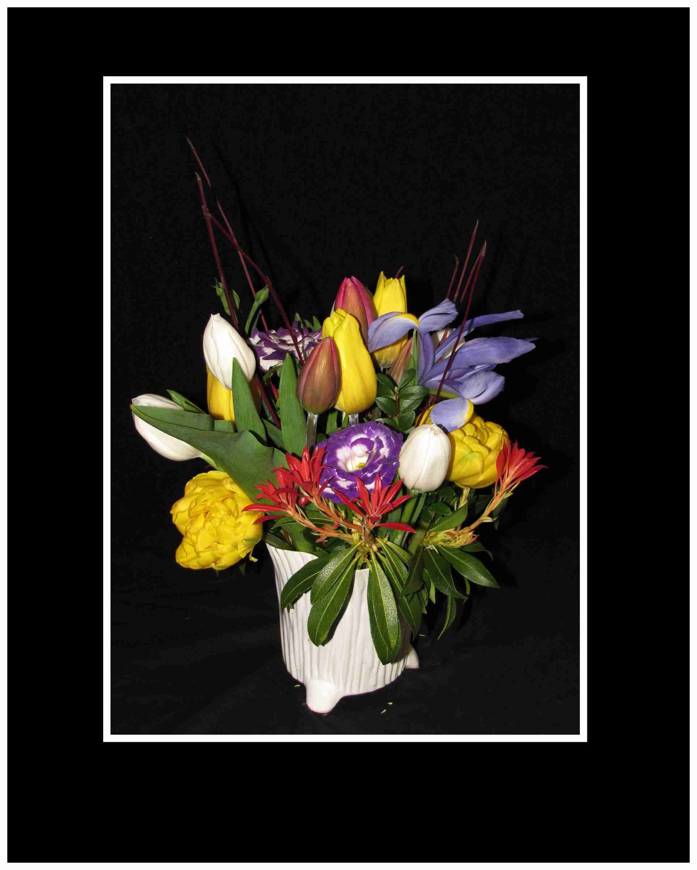 Spring Festivities Arrangement - Spring flowers arranged in a ceramic pot that includes iris's, tulips, lisianthus, pussy willows and huck branches, a great arrangement to bring spring inside with.  Aprox 12" x 10"