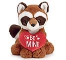 Red Panda with Heart Plush - Plush Valentine red panda with a red heart. On the heart, there is the embroidered message, "Be Mine" in white. The panda has dark brown fur around its eyes and ears, and a dark brown and white striped tail.  8"H X 10"D X 10"H sitting