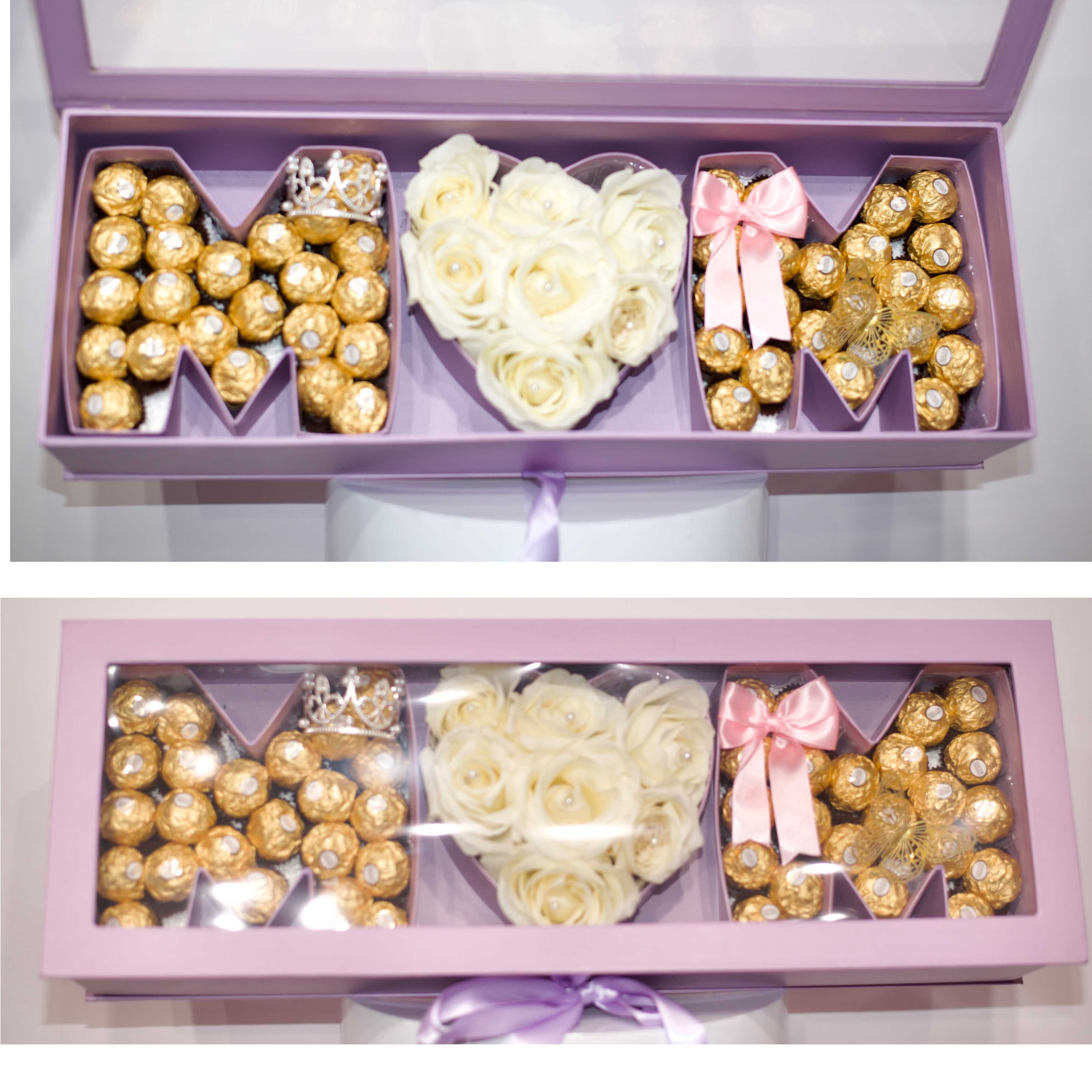 MDC mom lavender box  - Our mom lavender box  Part of Mother’s Day catalog, white roses and chocolate. Decorate with crown. Butterfly 