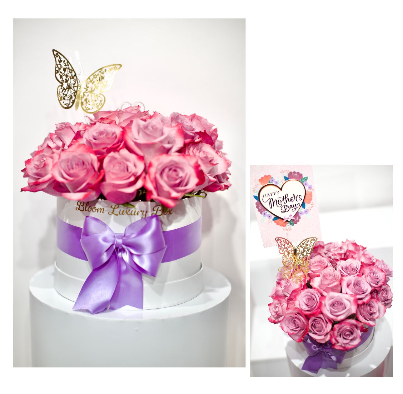 MDC round box pink arrangement  - Our the lux MDC round box pink arrangement available in 2 sizes  decorative with butterfly and ribbons  