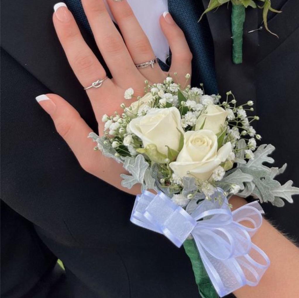 white corsage - A classic white corsage that compliments any outfit. A perfect addition for any prom, formal, or wedding event  boutonnière that compliments any outfit