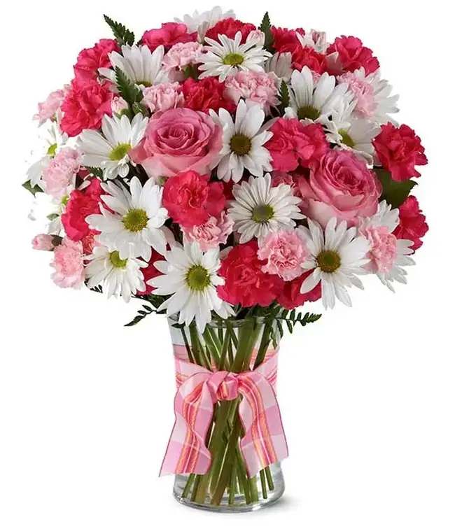 pink blooms arrangement - Lucious pink roses, paired with white daises and greenery fillers. perfect for any occasion, birthday, anniversary, or center piece. you name it!