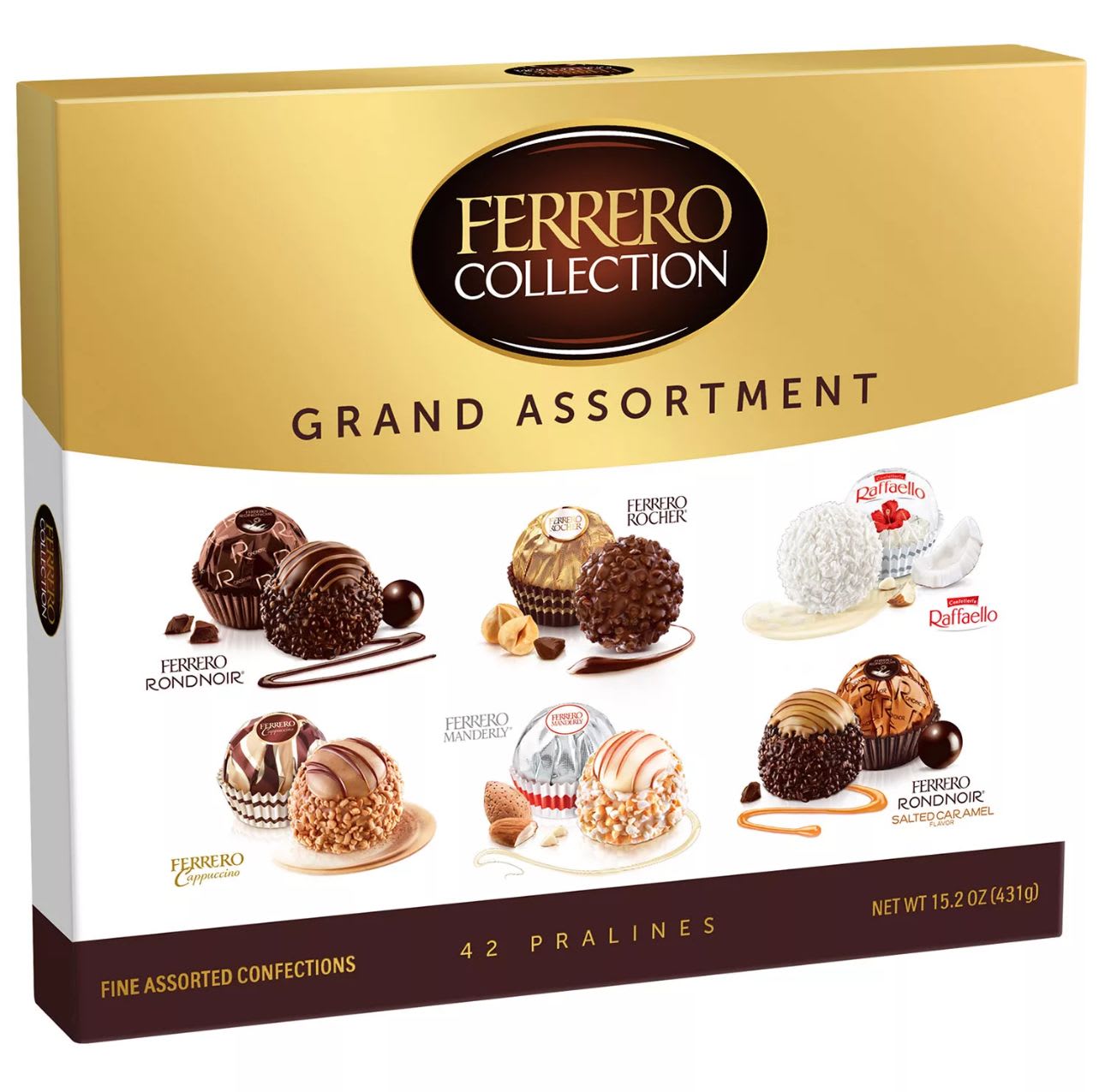 Luxury Ferrero Collection  - Ferrero Collection Grand Assortment Contains 42 individually wrapped pieces of hazelnut pralines in a holiday gift box Creamy and crispy assorted flavors of Rocher, Raffaello, Rondnoir, Cappuccino and Manderly A special gift for a loved one to enjoy at home or a holiday party