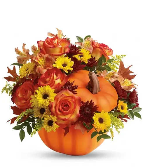 Happy Pumpkin - Add a beautiful touch to your fall activities with this joyful, magnificent mix of autumnal alstroemeria, roses and carnations gathered in a glazed ceramic keepsake pumpkin that's sure to be a annual decor favorite!