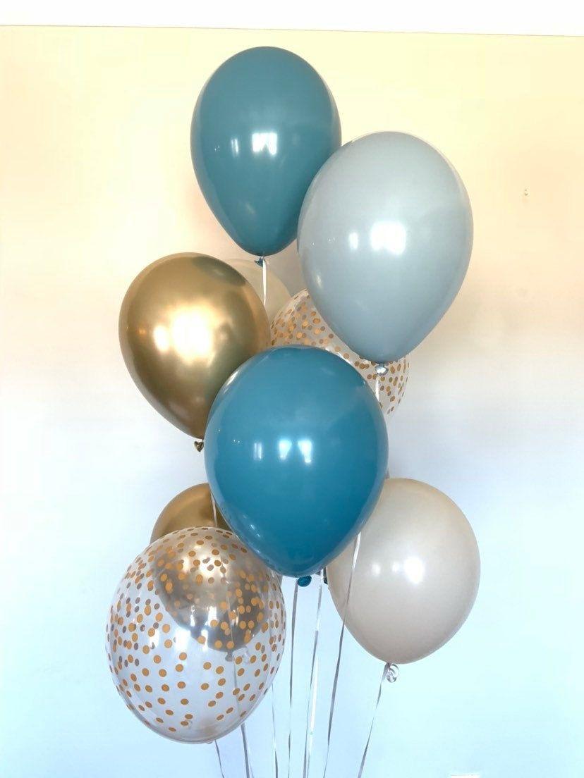 #240 bluey mix - 2 blue. 2 grey, 2 confetti filled and 2 gold latex balloons in these set with balloon weight