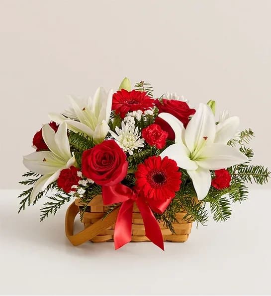 Fields of Europe Christmas Basket - Spread holiday cheer with our inviting basket of blooms. Capturing the natural beauty of the European countryside, this freshly gathered arrangement is designed in signature Christmas colors. It’s a joyful surprise for family and friends and a charming centerpiece for a season of celebrating. All-around basket arrangement with red roses, mini Gerbera daisies, and mini carnations; white Asiatic lilies, cushion poms, and statice; and assorted Christmas greenery