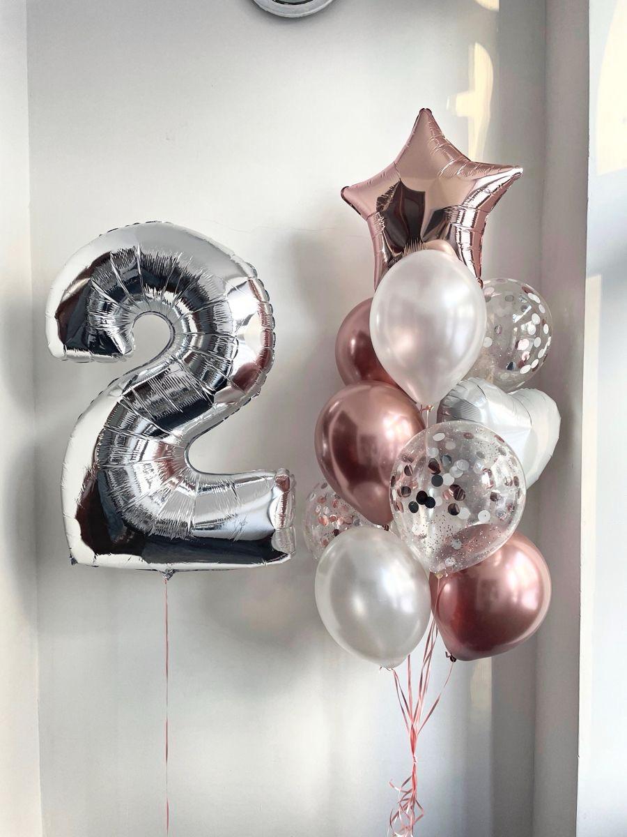 #242 your number mix - Number Of YOUR choice, with beautiful  gold, white, and transparent confetti balloons. this set includes one number, and a set of 3 rose gold, 3 confetti filled and 3 white latex balloons and  top it off a rose gold star + balloon weight