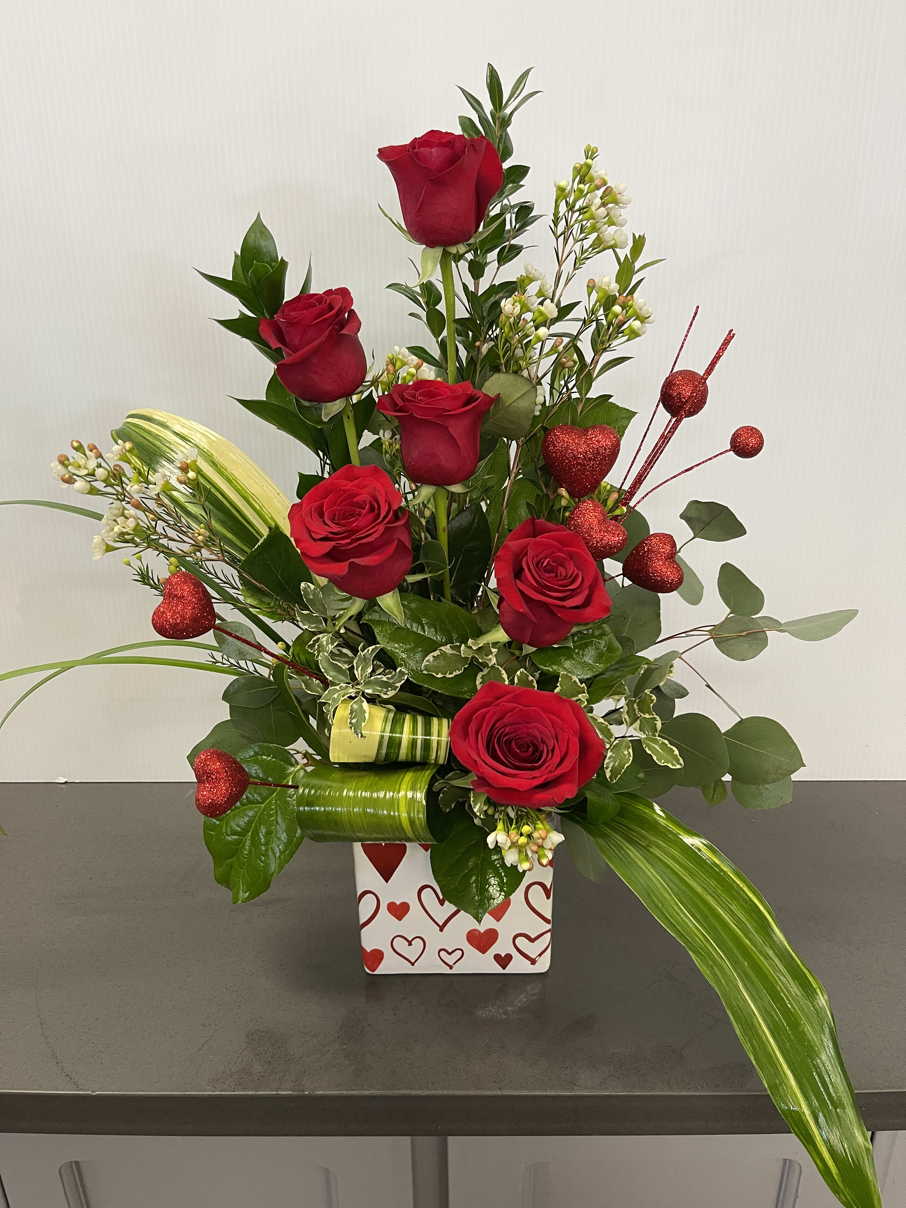 cubed hearts - white ceramic with hearts, filled with valentine blooms