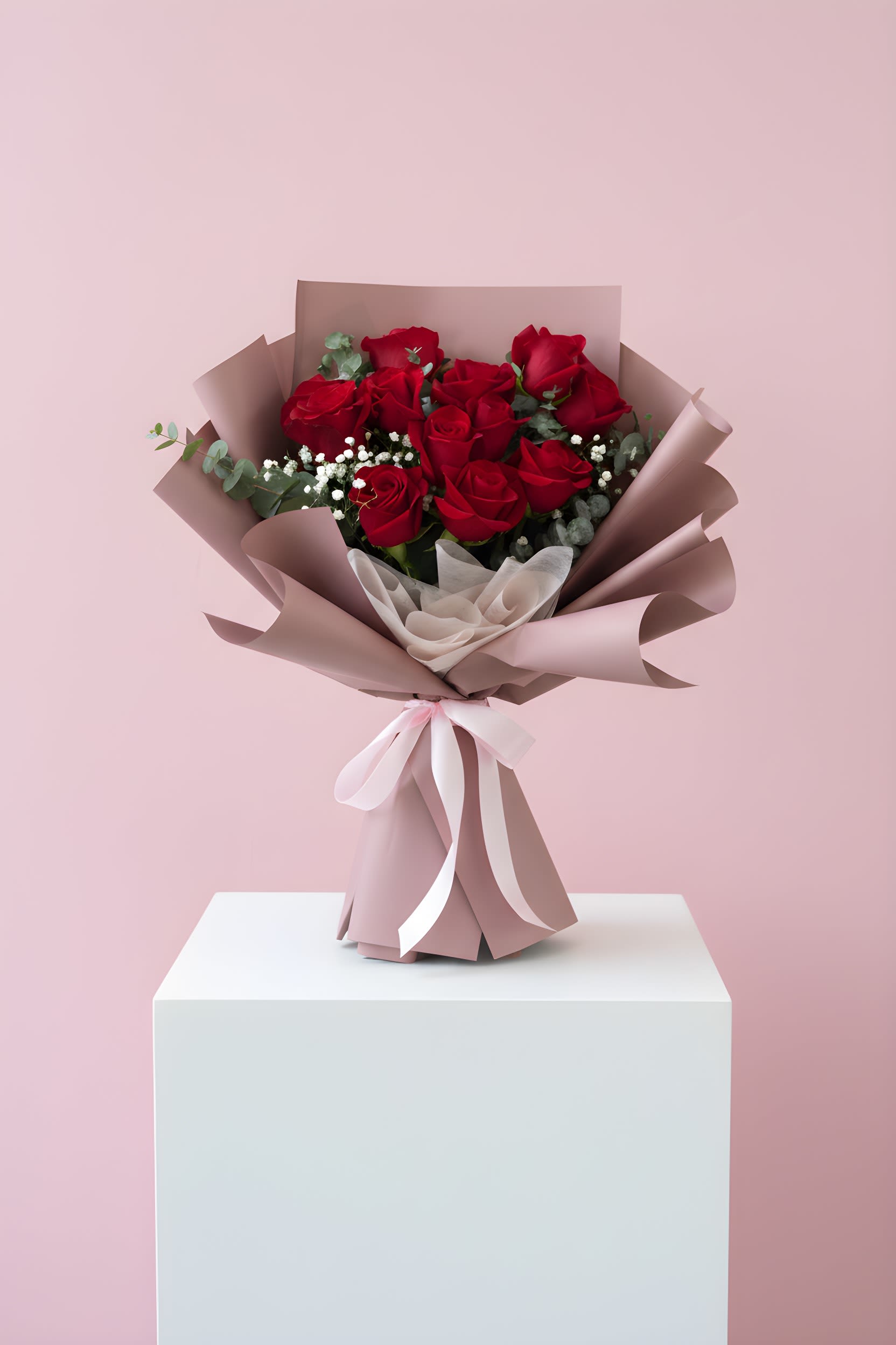  Dozen Roses – Wrapped - A hand-wrapped bouquet of twelve fresh roses with baby’s breath and foliage, finished with premium wrap, and ribbon.