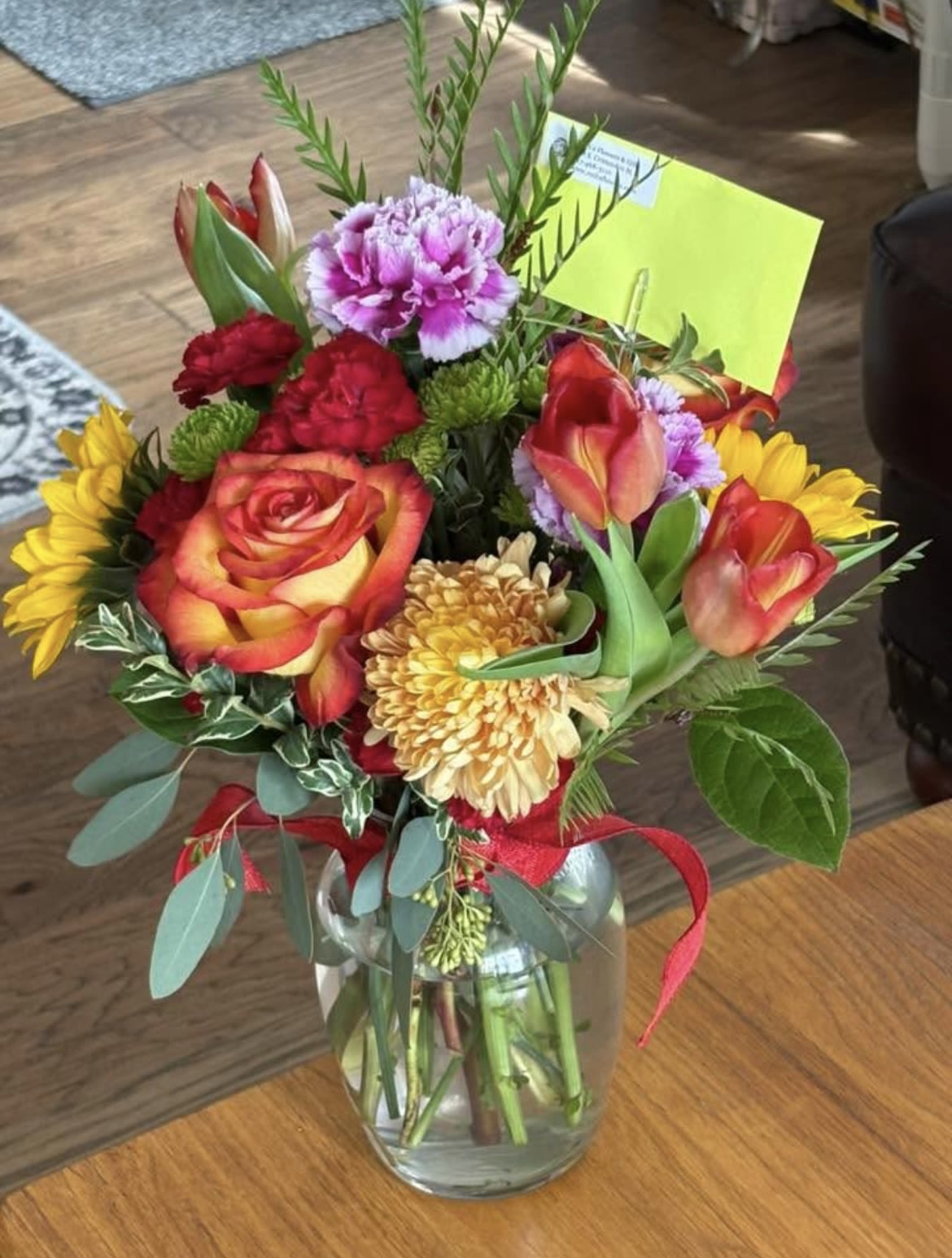 Sunny Days - Beautiful mix of Roses, Mini Carnations, Alstromeria Lilies, Sunflowers, Poms &amp; Seasonal Blooms.