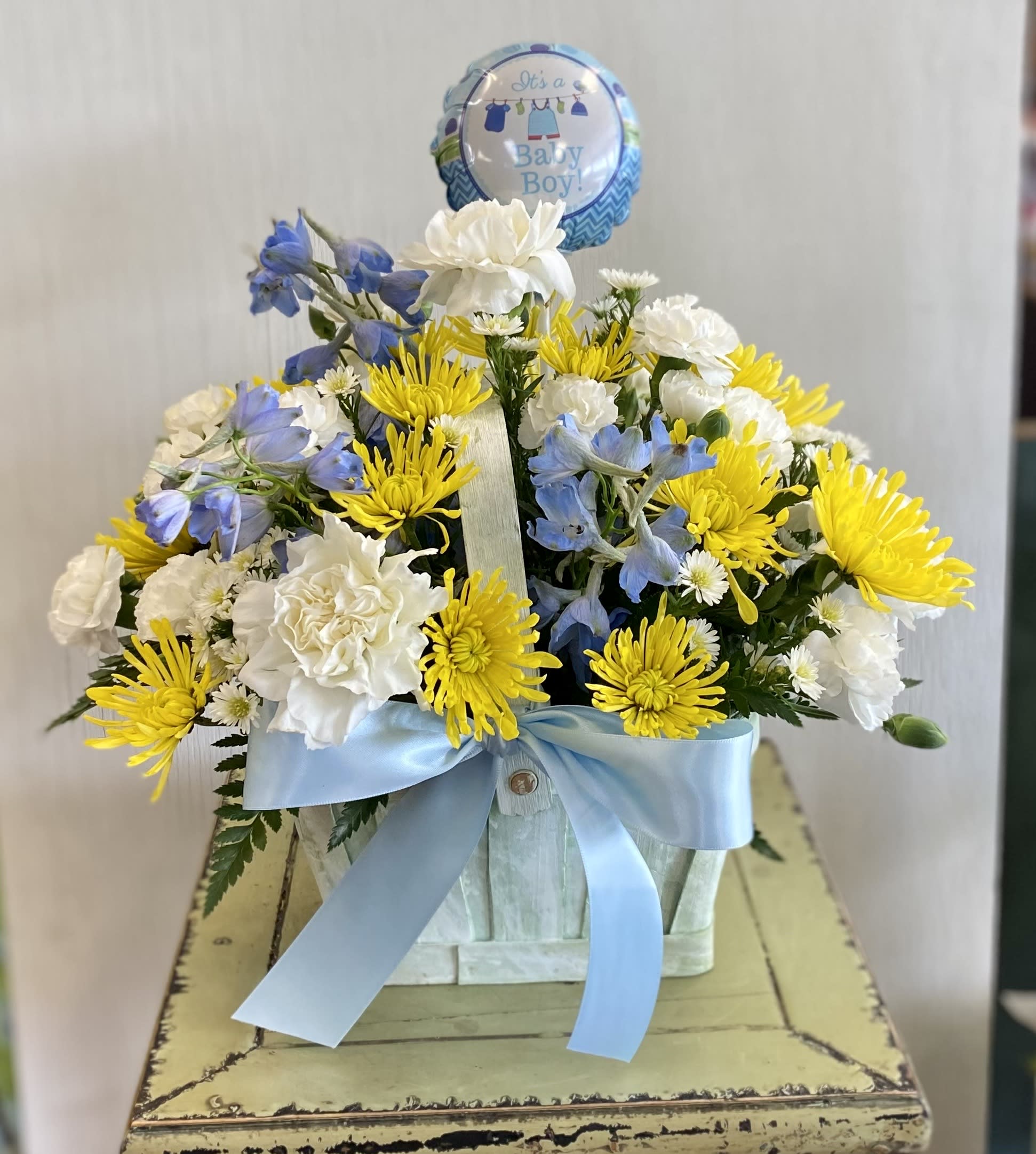 Hello, Baby Boy! - The sweetest basket of flowers topped with a mini balloon to Welcome Baby Boy!