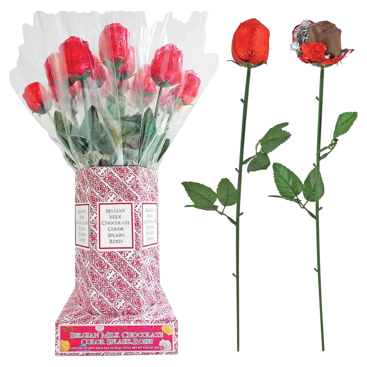 Foil Wrapped Chocolate Roses - These chocolate roses will entice not only the heart but the tummy too! Each rose is made of Belgian milk chocolate and wrapped in red foil. A sweet, romantic gift for your sweetheart!  Measures approximately 15 inches long