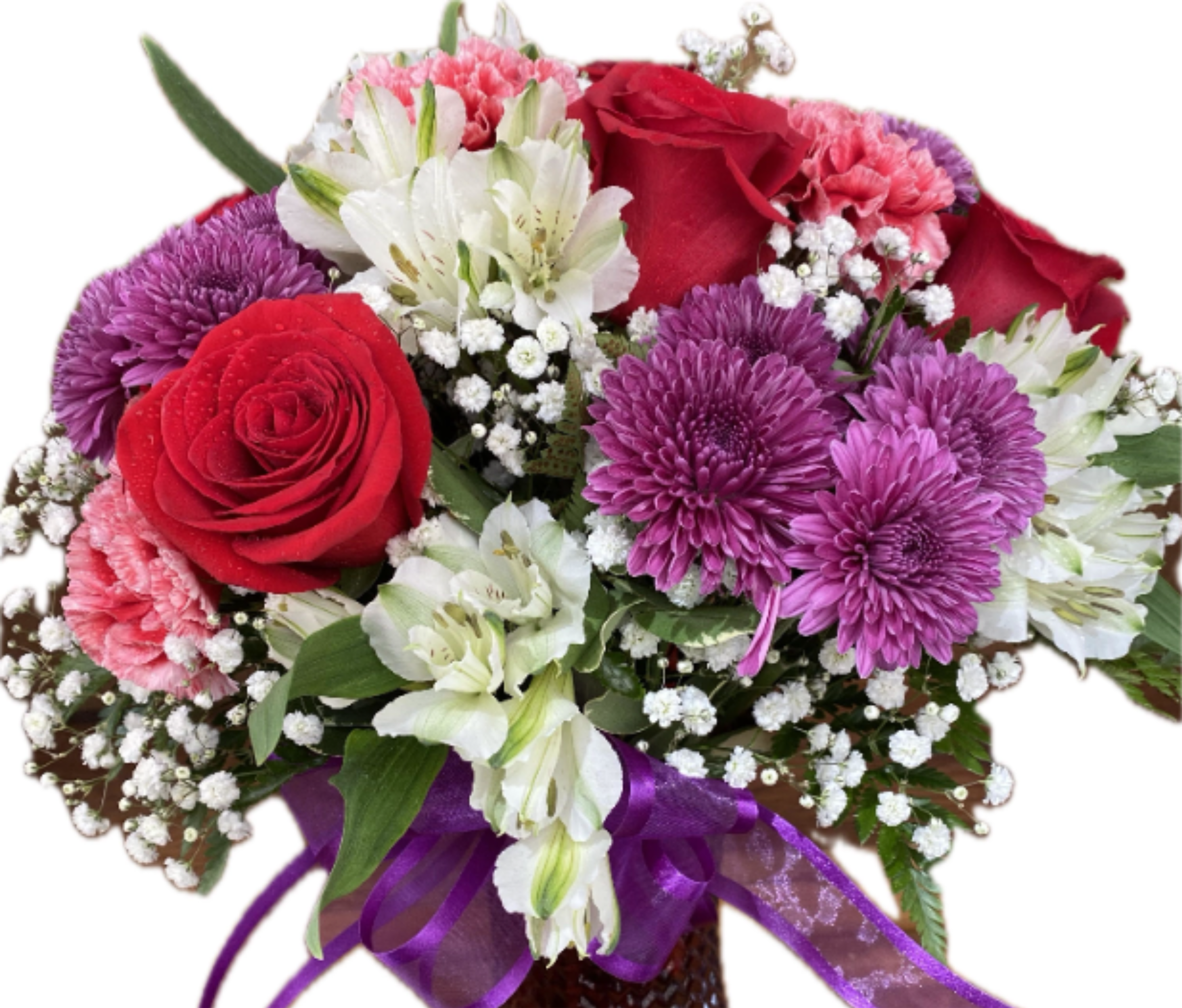 Simply Romance - This bouquet is perfect for that special sweetheart!  Red and pinks, Roses and Carnations are a classic combination.  Please keep in mind each arrangement designed might have some color changes based on current supply of flowers.