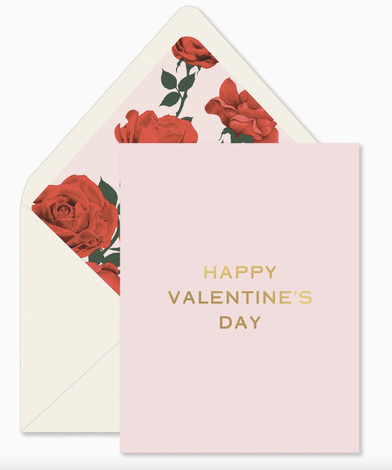 Roses Are Red Valentine's Day Greeting Card - Roses are red, violets are blue, I don't know about you but this new Valentine's Day card is a new favorite. 4.25" x 5.5" folded greeting card with gold foil accent. Beautiful red roses envelope liner for the perfect pop. Blank interior.     