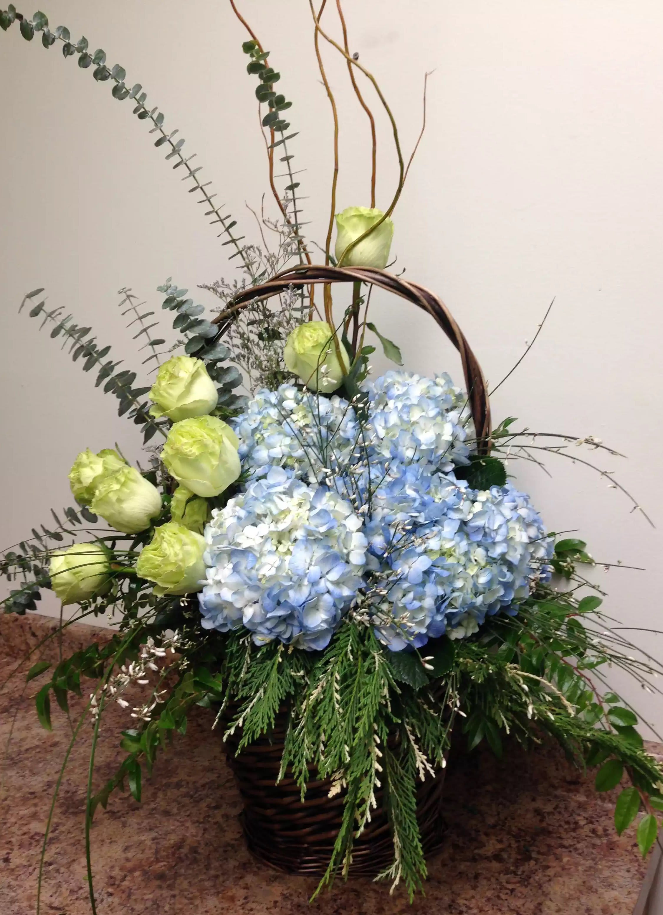 Blue Hydrangea Basket - Blue Hydrangeas and Roses in a basket