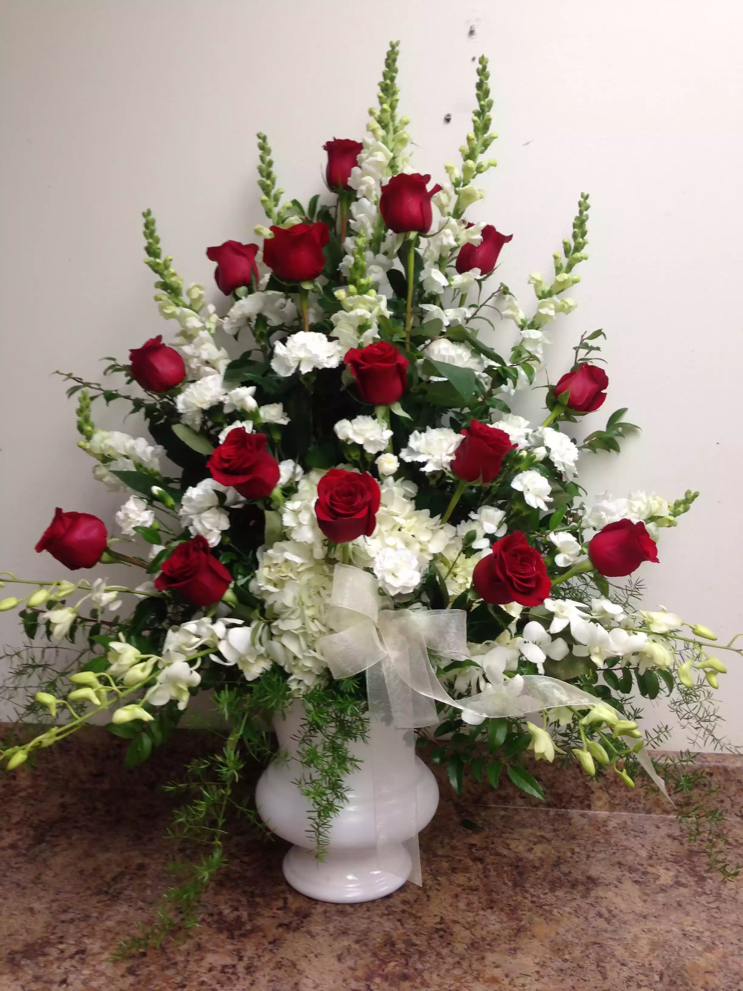 Classic White and Red Urn - Beautiful white garden flowers with premium red roses