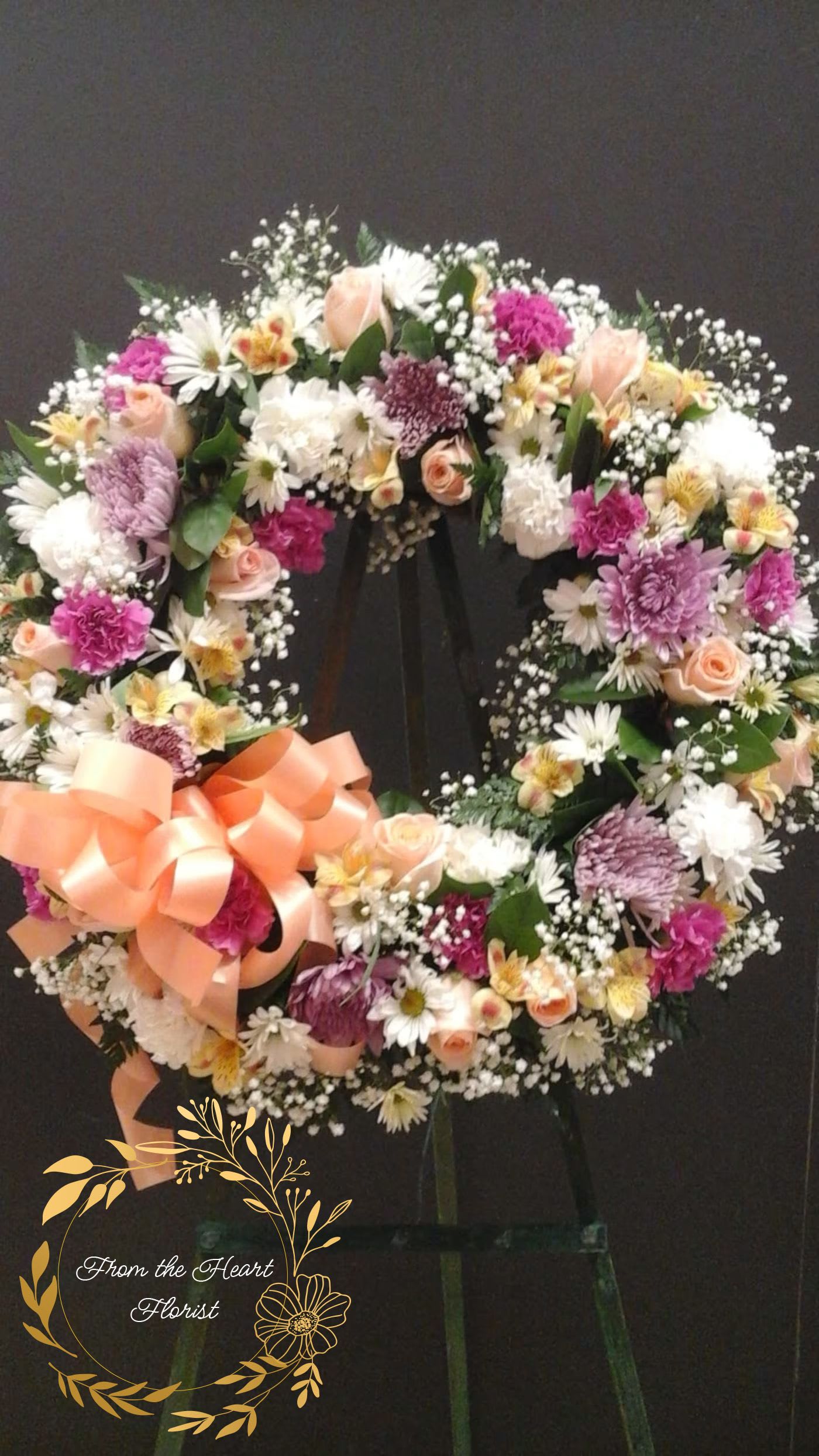 Lavender and peach wreath (FW4) - This standing wreath make with peach , Lavender and white flowers