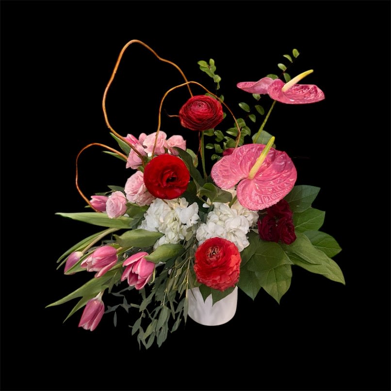 Convery my love - Anthurium, Roses, Hydrangea and Ranunculus with greeneries in a vase