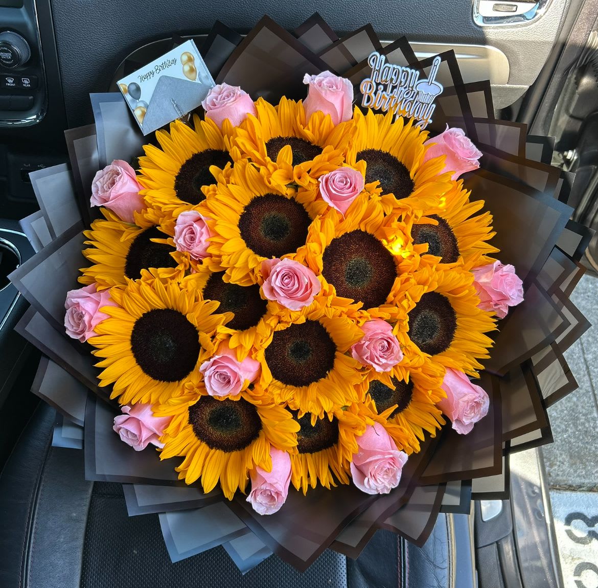 Sunflower Bouquet  - Sunflowers with hints of roses. With black paper.