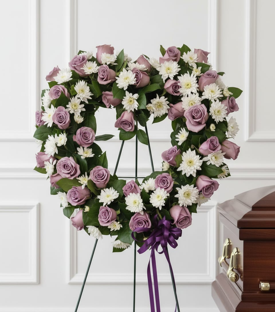 Lavender and white Heart - This lavender and white heart is full of beautiful lavender Roses accented with white chrysanthemums