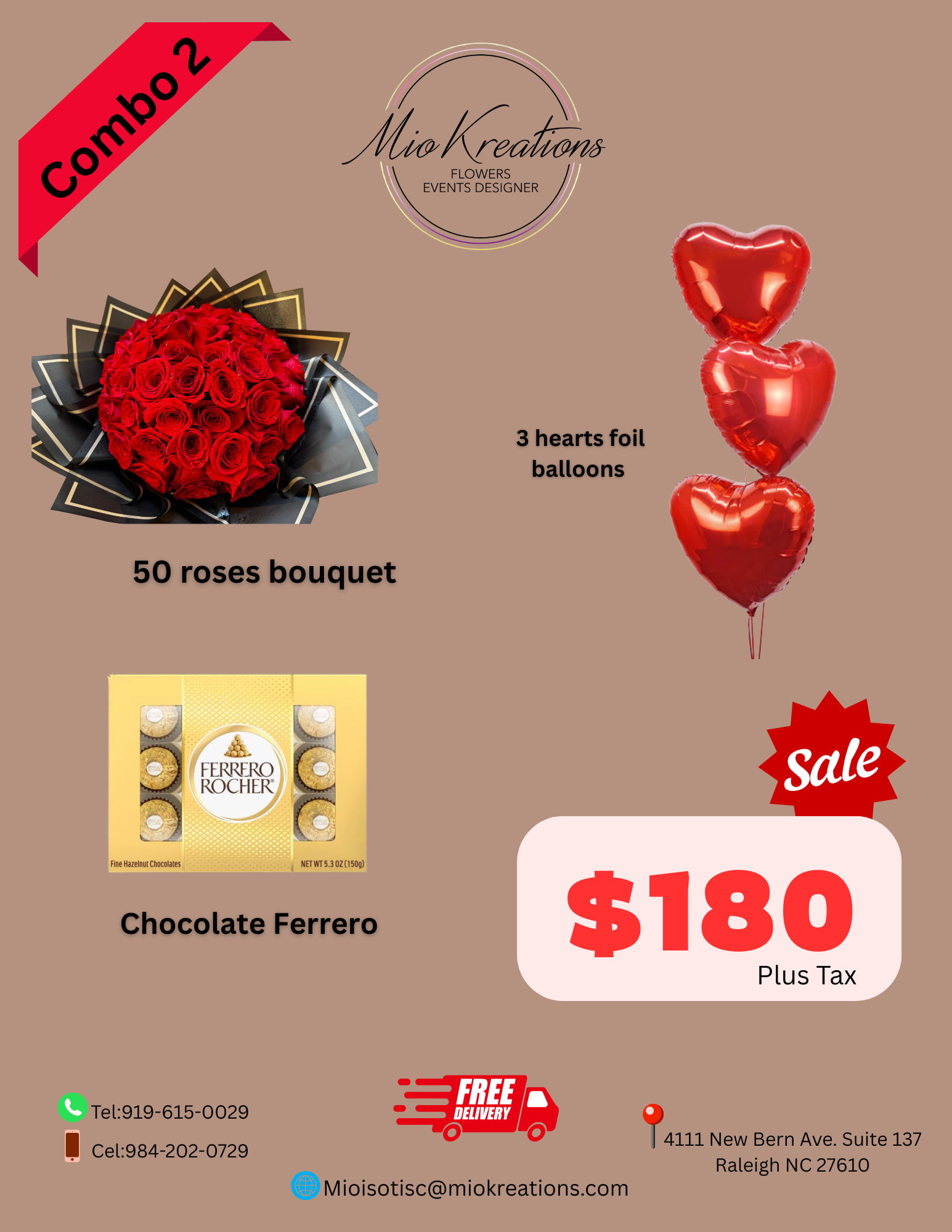 COMBO MK GOLD - BEAUTIFUL BOUQUET OF 50 ROSES (UP TO 2 COLLORS), 3 HEART BALLOONS (PINK-WHITE-RED), FERRERO ROCHELL BOX OF 12. PLEASE SEND THE MSJ FOR YOU SELECTION