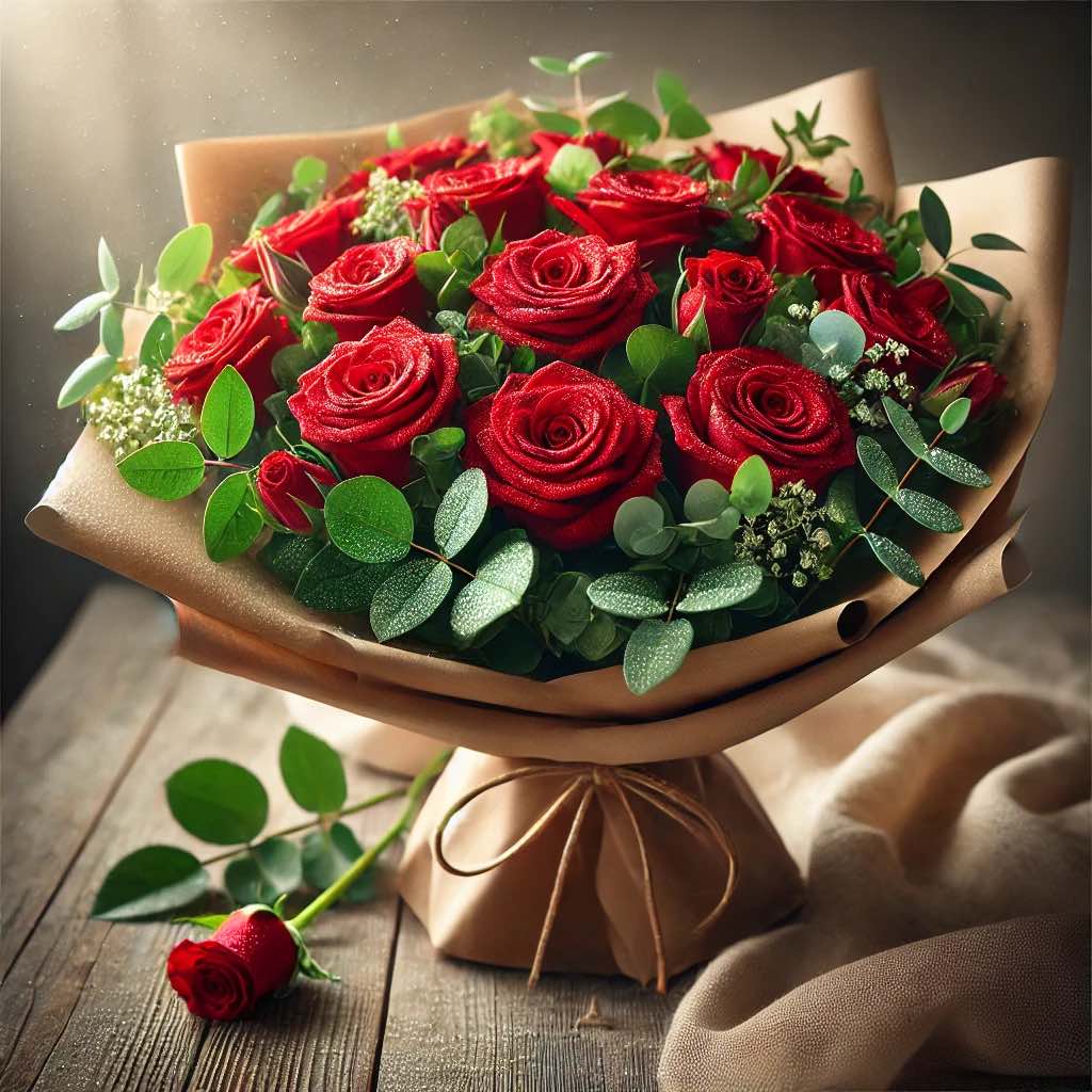 Two Dozen Red Roses Wrapped - 24 red roses wrapped in a bouquet including greens and filler.