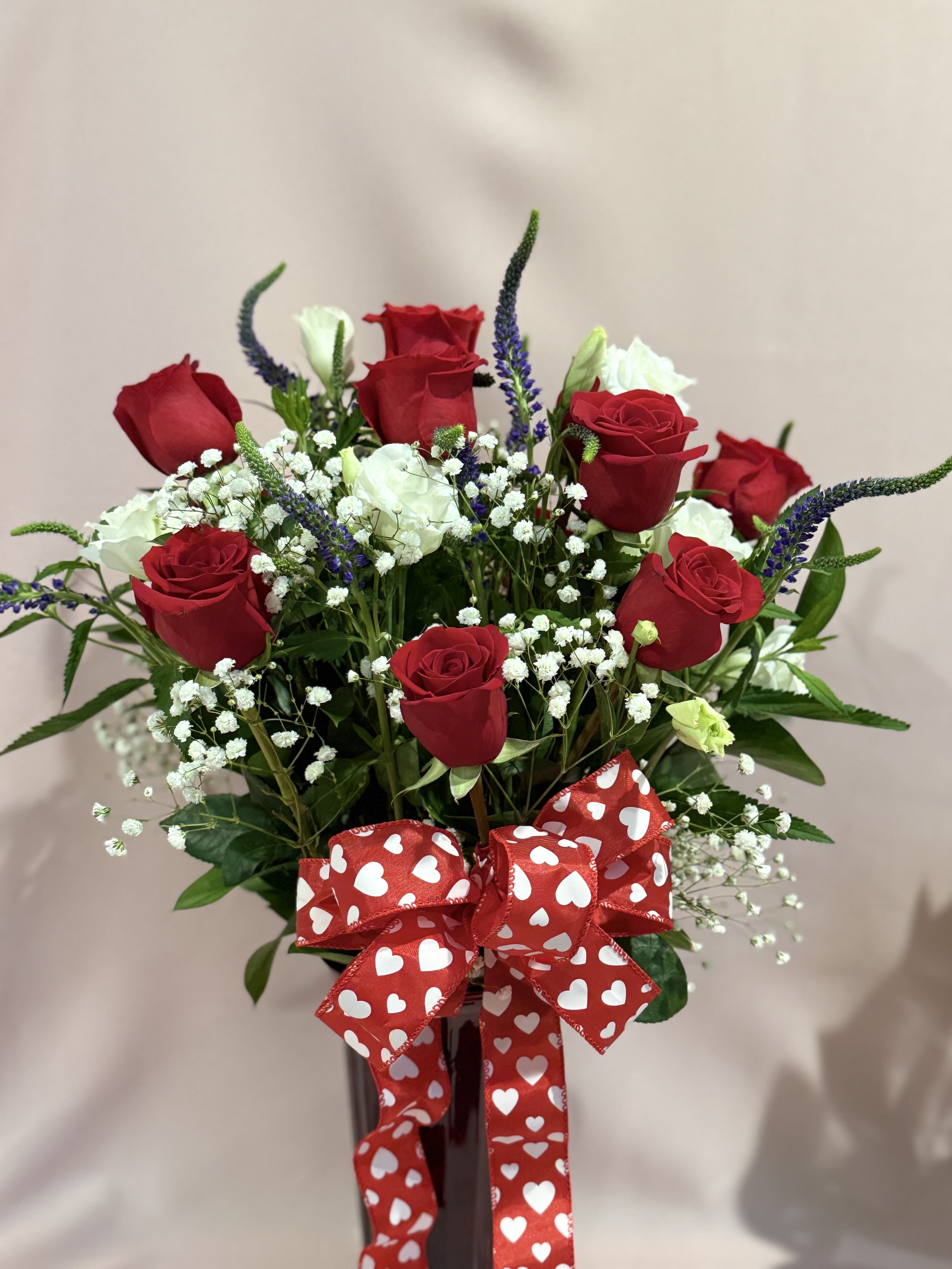 Heart of mine  - Red roses White lisianthus and Blue Veronica flowers
