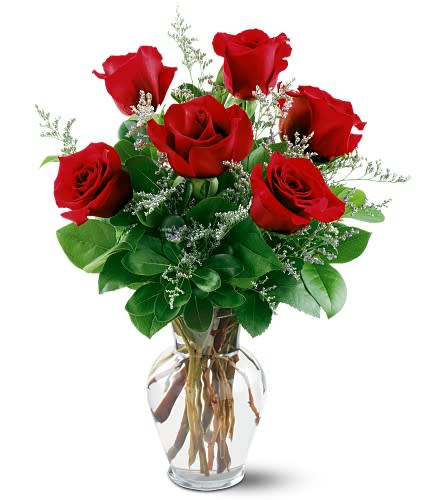 6 Red Roses - Beautiful red roses arranged expresses your love. Half a dozen rich red roses in a clear glass vase. As Shown : 6REDROSE