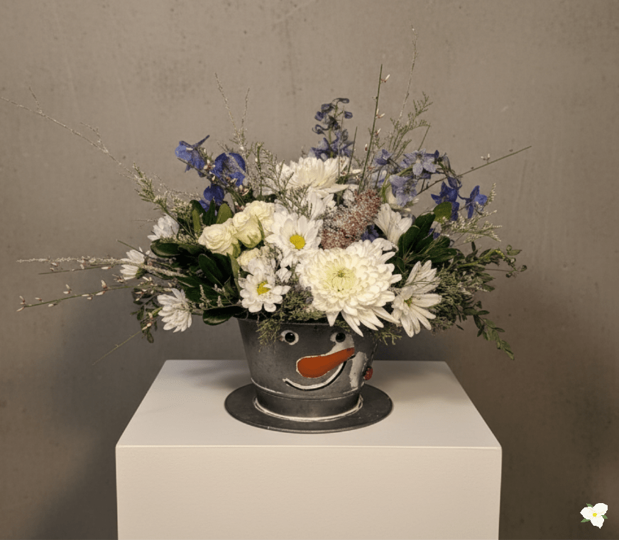 Frosty - Frosty is a playful winter arrangement designed in an adorable snowman tin, with fresh florals blooming right from the top of his head. This cool-toned bouquet features crisp white daisies, white spray roses, white Cremon mums, and pops of blue delphinium, accented with snowy, glitter-kissed branches for extra sparkle. Bright, lighthearted, and full of winter charm, Frosty is perfect for spreading smiles throughout the season.