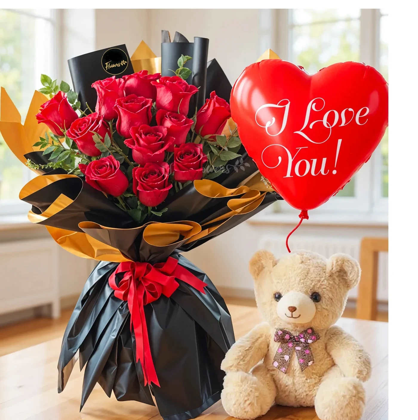 12 Red Roses Bouquet Teddy &amp; Balloon -   This delightful gift set features 12 stunning red roses, beautifully complemented by fresh green fillers and wrapped in elegant wrapping. Accompanying the bouquet is a small, cuddly teddy bear and a heart-shaped I LOVE YOU foil balloon, making this set the perfect expression of love and affection. 