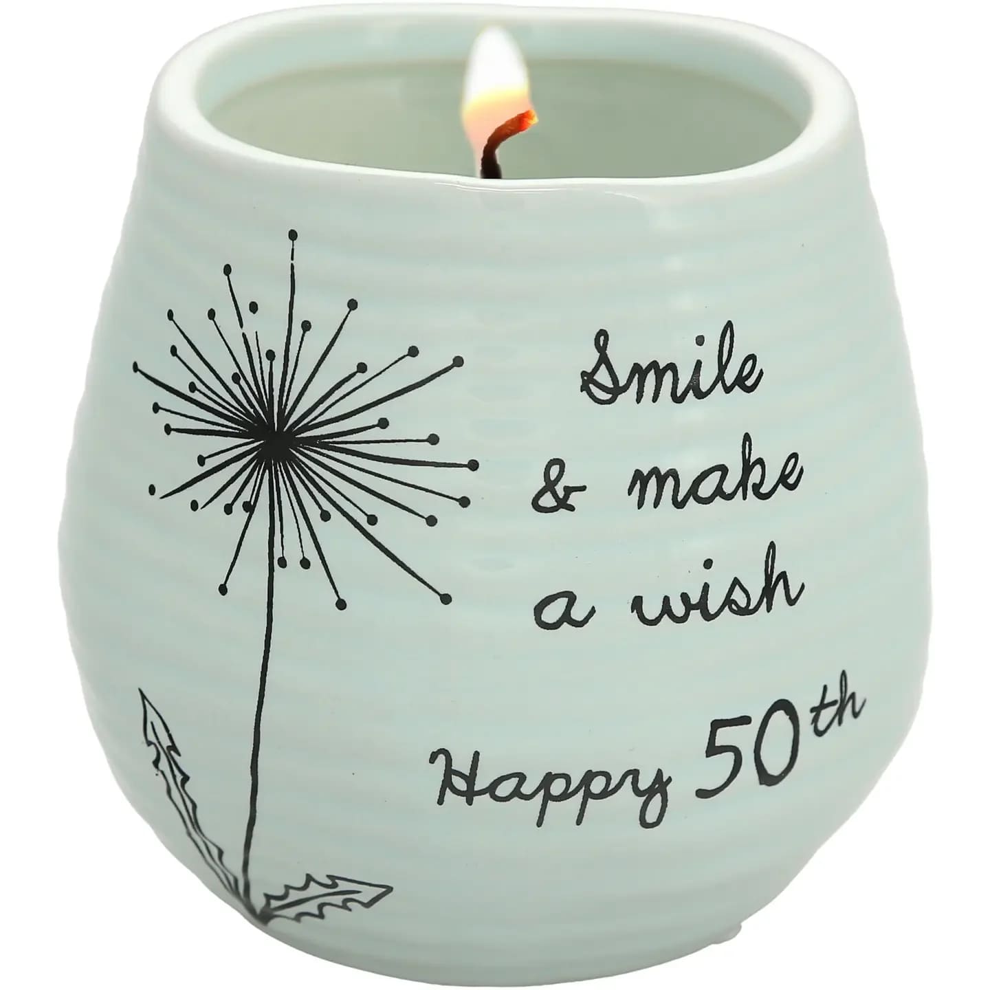 Happy 50th - 8 oz - 100% Soy Wax Candle Scent: Serenity -  8 fl. oz. candle, packaged in a printed open-faced box, is made from ceramic and 100% soy wax, has a serenity scent and feet to avoid surface scratching. "Smile &amp; Make A Wish; Happy 50th" text on the front of the candle is printed, as are the accompanying dandelion details. Wipe clean with a damp cloth. Always take care around an open flame. Great for those who wish to celebrate their 50th birthday.