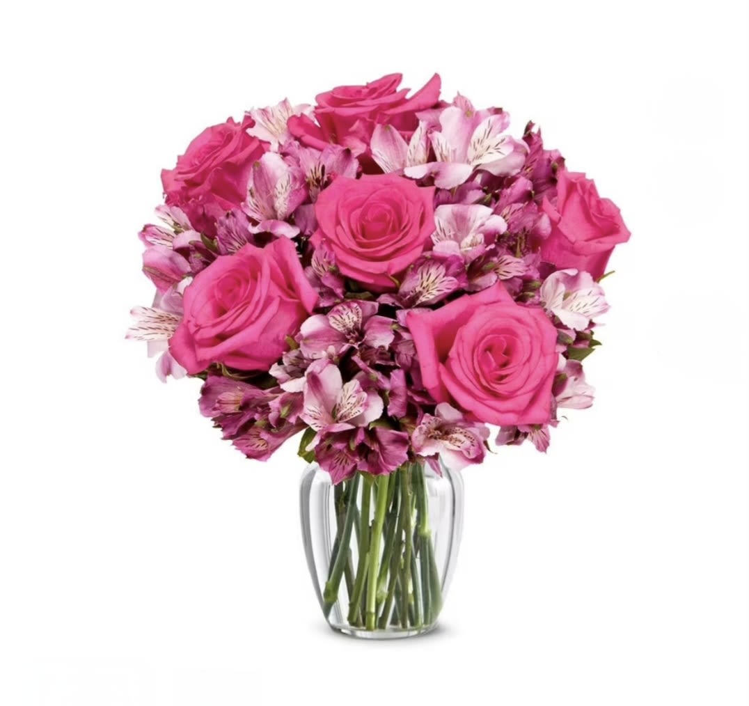 Half Dozen Rose and Alstromeria Bliss - Holiday themed half dozen roses with voluminous alstromeria as the filler to really brighten the arrangement