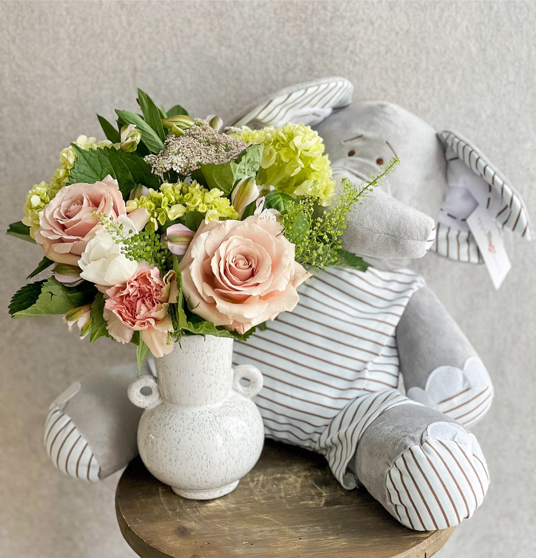 Flowers + Elephant Plush  - Floral Arrangement paired with an 18" Elephant Plush 