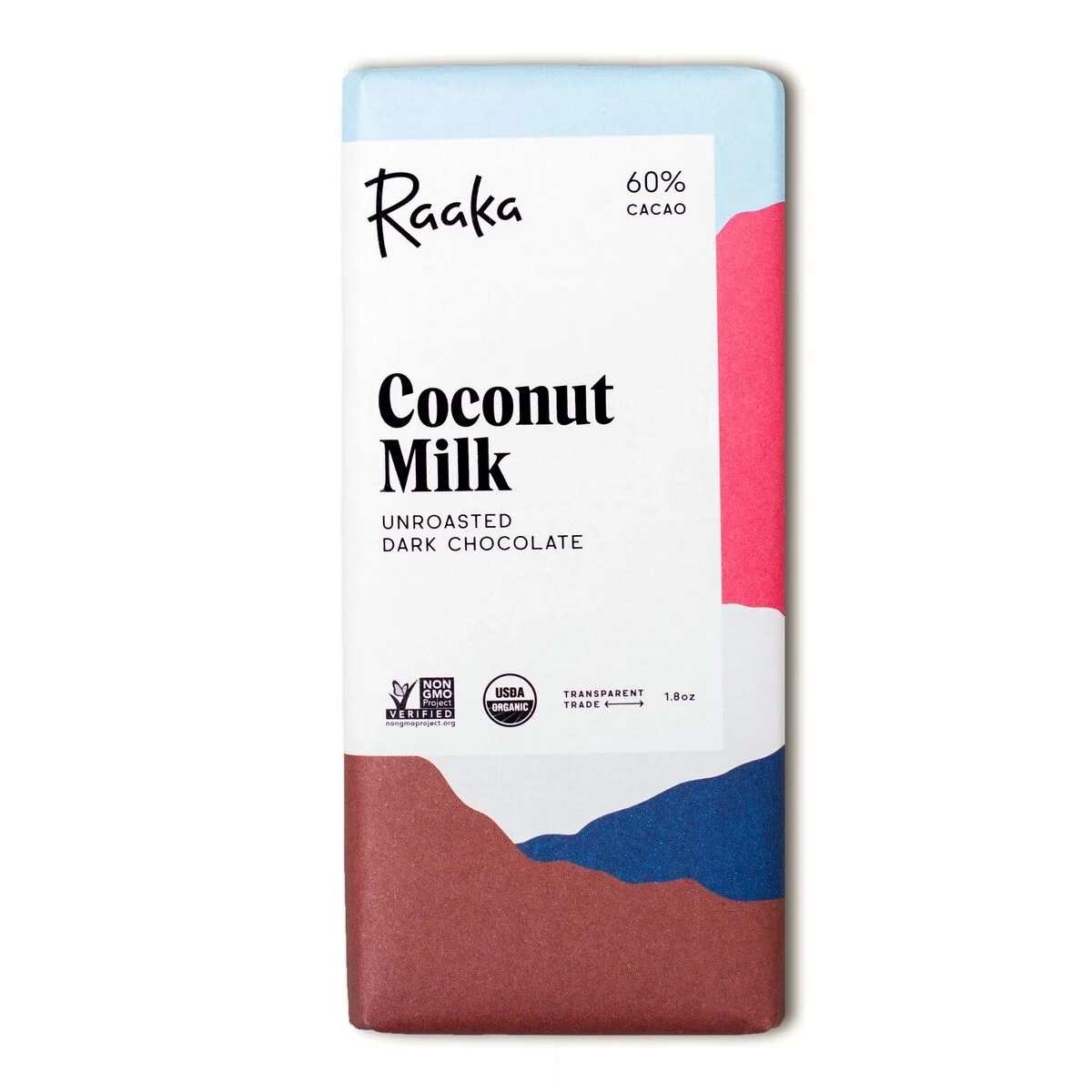 Coconut Milk Chocolate Bar - We grind shredded coconut with cacao for a creamy, full-bodied vegan "milk" chocolate with velvet melt and a fruity, strawberry note on the finish. One bite and you'll find yourself sitting on a beach somewhere, with all memories of traditional milk chocolate melting away.  All of Raaka's chocolate is certified organic, certified kosher, vegan, soy free, gluten free, and Non-GMO and made with ethically sourced, transparently traded unroasted cacao.  
