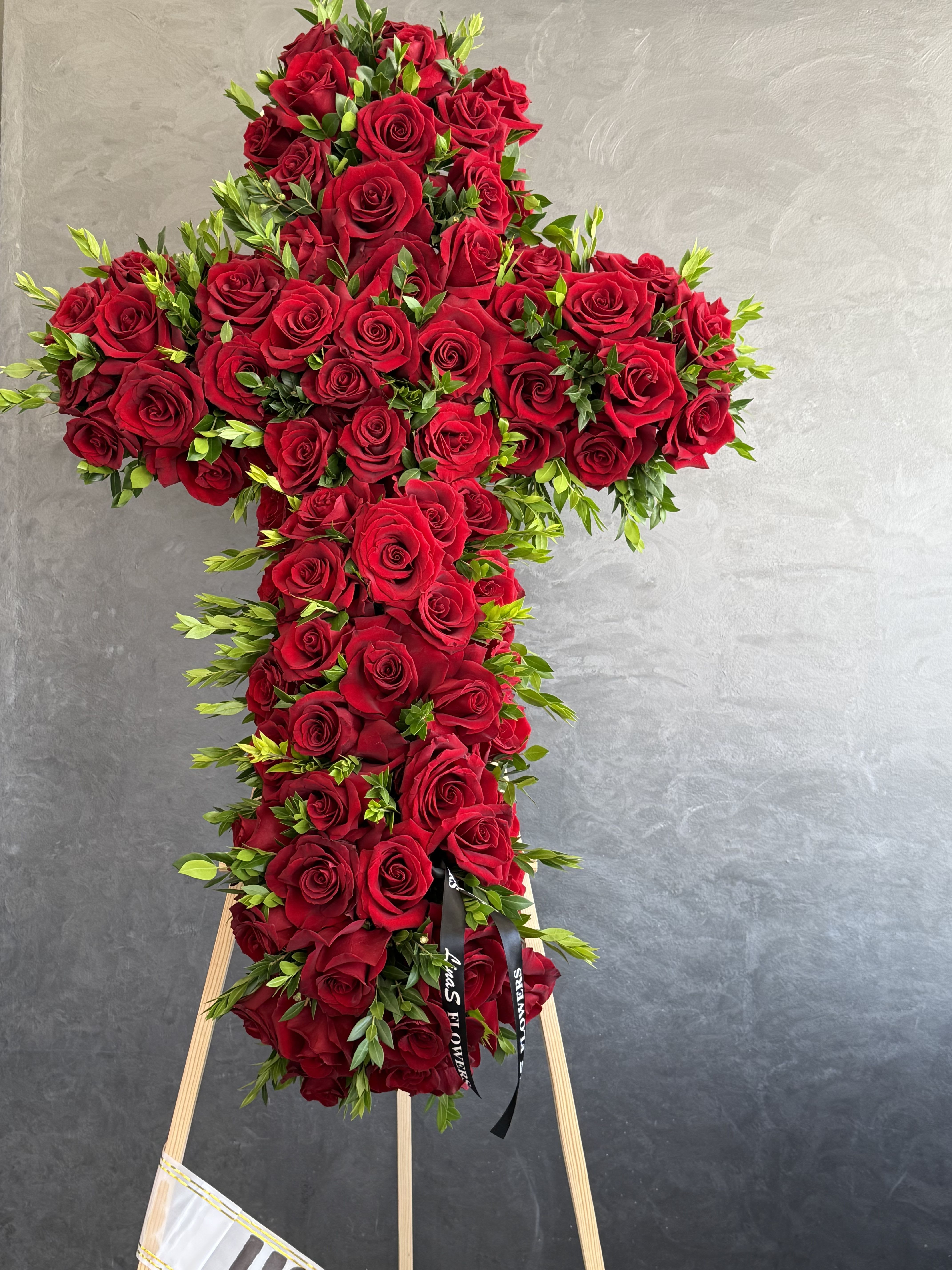 Red Cross  - A graceful cross of red roses, honoring a life with deep love, devotion, and eternal peace.