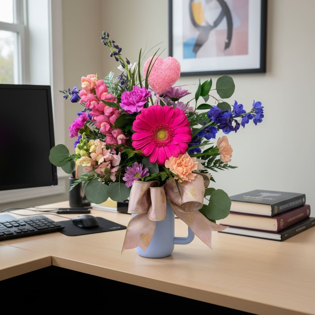 Sweetheart Tumbler by Lotheringtons  - This delightful arrangement will make your sweethearts day a little brighter with bright pops of color. Arranged in one of our travel tumblers. 