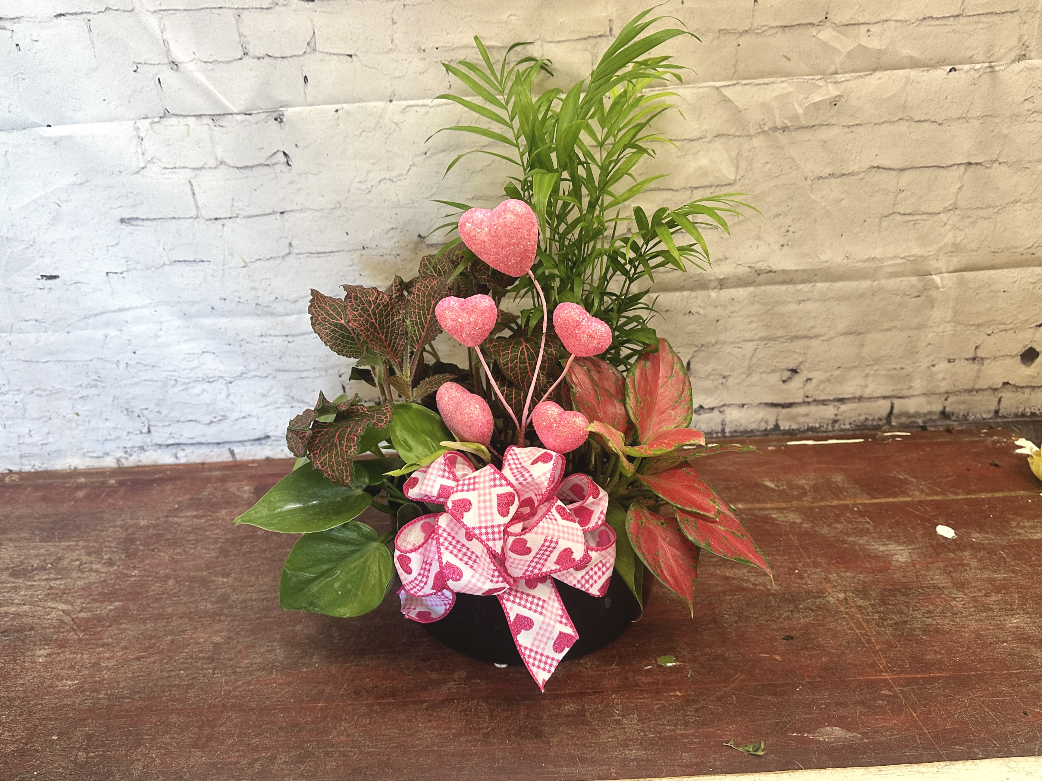 Rooted in love  - Black pot with a heart shaped philodendron mixed with plants in shades of pink 