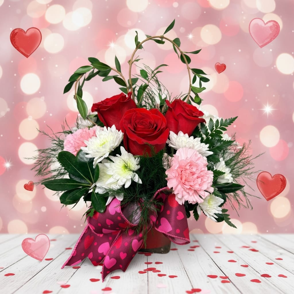 Be Mine  - Show your love with this beautiful cube arrangement filled with red roses, pink carnations and white daisies. It is sure to melt her heart. 