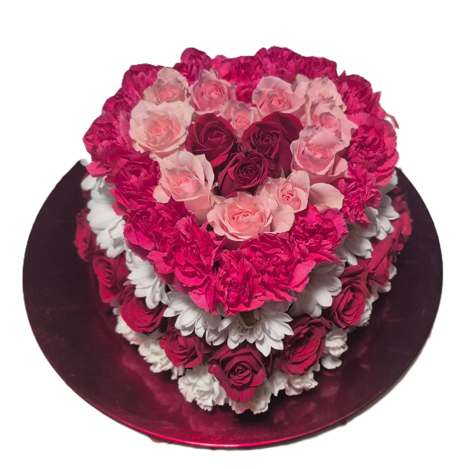 Flower Heart Cake - An assortment of spray roses and mixed flowers in a heart shape for many occasions, especially for Valentines Day or any romantic gift.