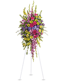 Bright &amp; Beautiful Standing Spray - This bright spray of purple, lavender, pink and yellow flowers is a thoughtful way to celebrate a beautiful life.Vibrant blossoms such as purple hydrangea and asters, lavender chrysanthemums and gladioli, plus pink roses, yellow carnations, snapdragons and chrysanthemums.