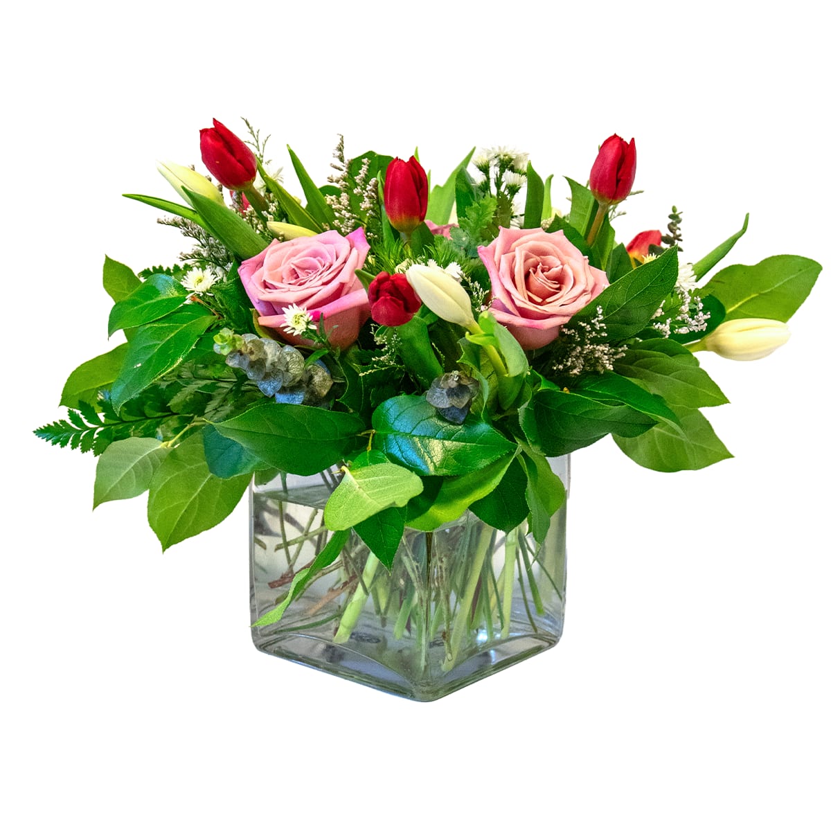 Amour - Classic Roses and Tulips mixed together in your choice of color. Please specify in special instructions. 