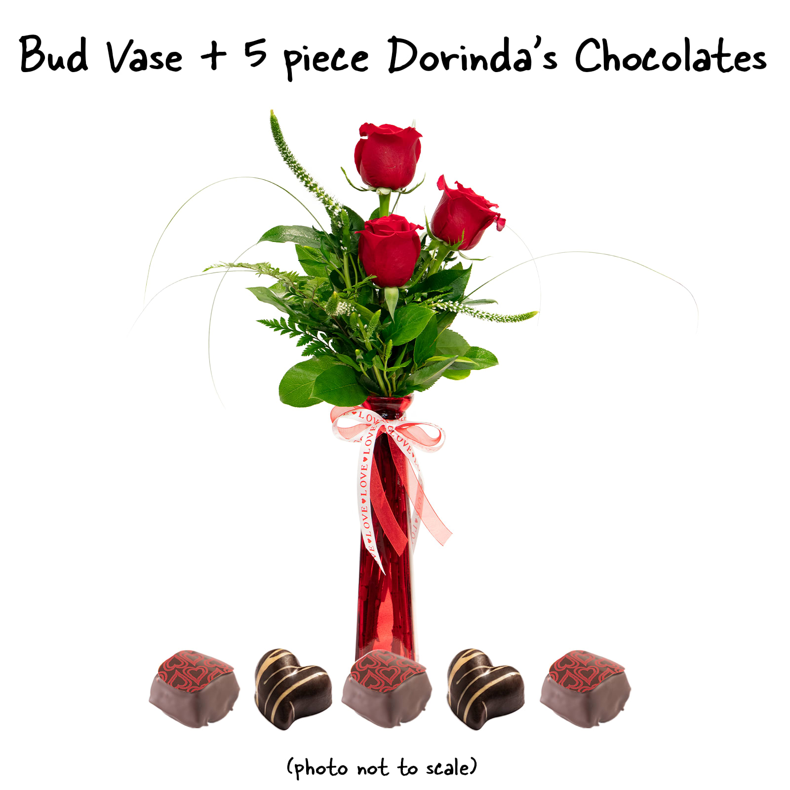 Sweetheart Bundle - The Sweetheart is simple and sweet, arranged with the classics. Mixed greens, red roses, and a pop of veronica really say I love you. This arrangement also includes 1 box of Valentine's Day Truffles 5pc!