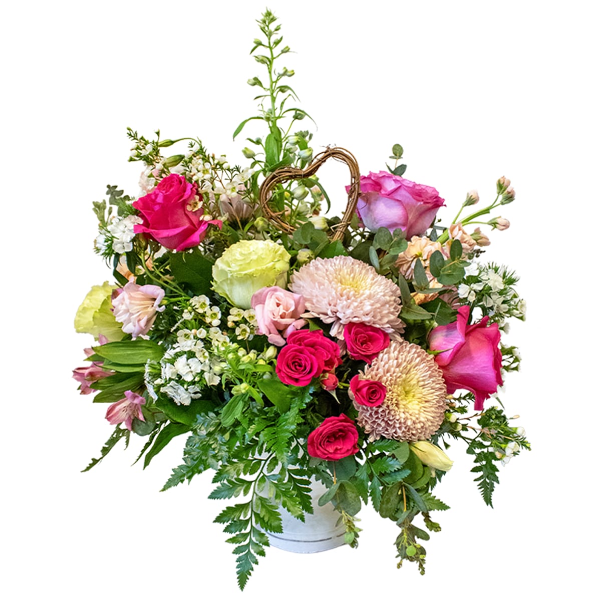 Love On A Pedestal - Put someone special up on a pedestal with this stunning arrangement in a pedestal vase with optional grapevine heart pick.  Featuring Roses, mums, and dianthus.