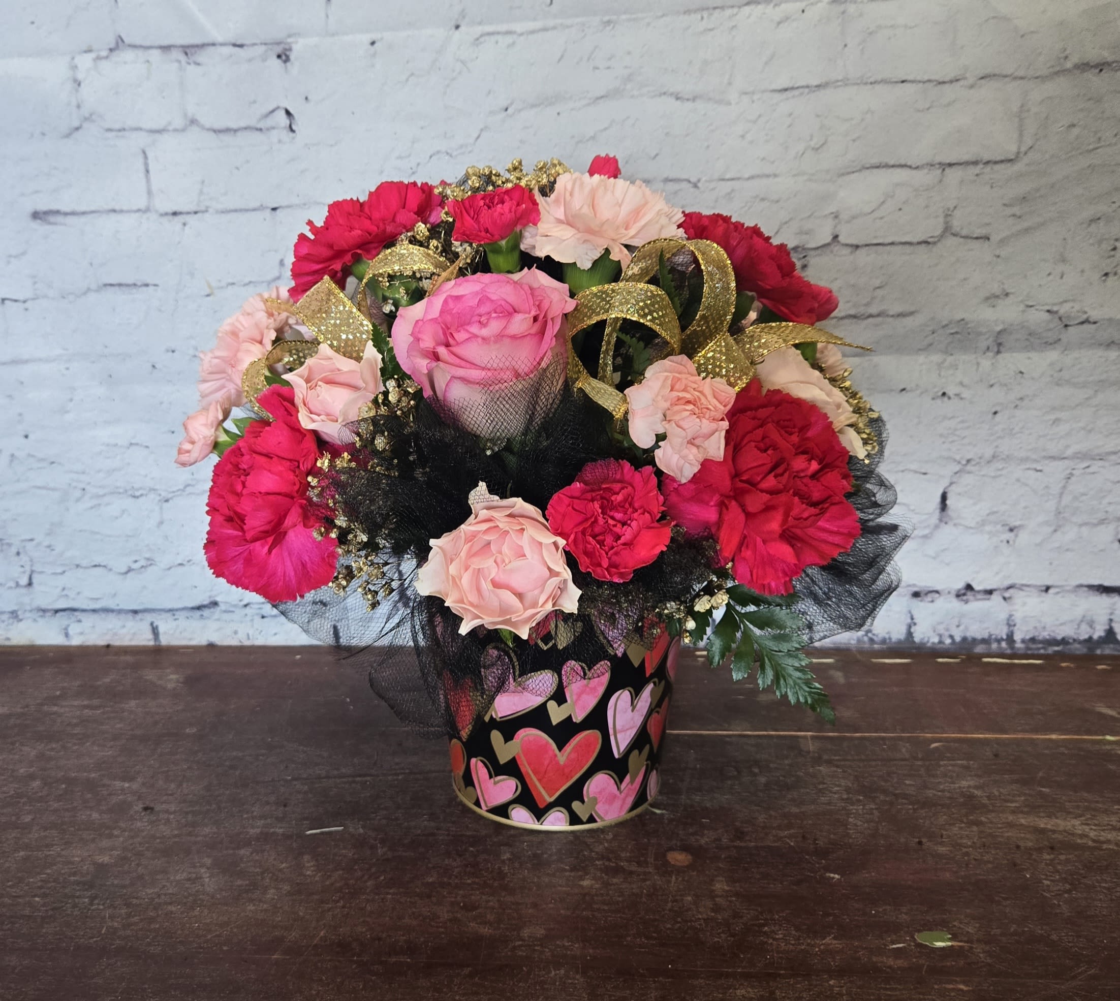 Steal My Heart - Tin container in pinks, black and gold filled with pink flowers