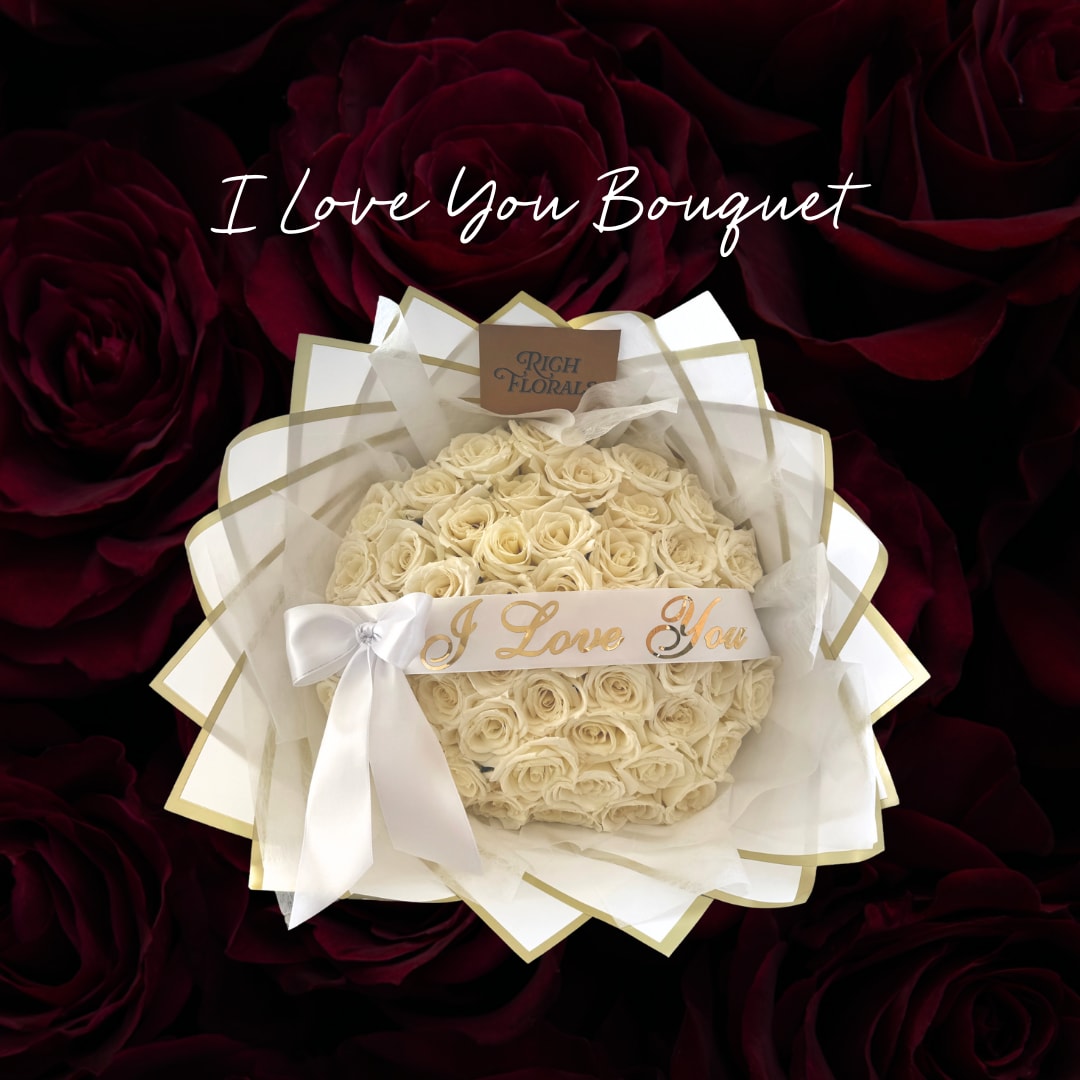 I Love You Bouquet - Valentine's Day - 36, 50 or 75 white roses (50 pictured). If you would like a different rose color, please leave it in the florist notes at checkout.