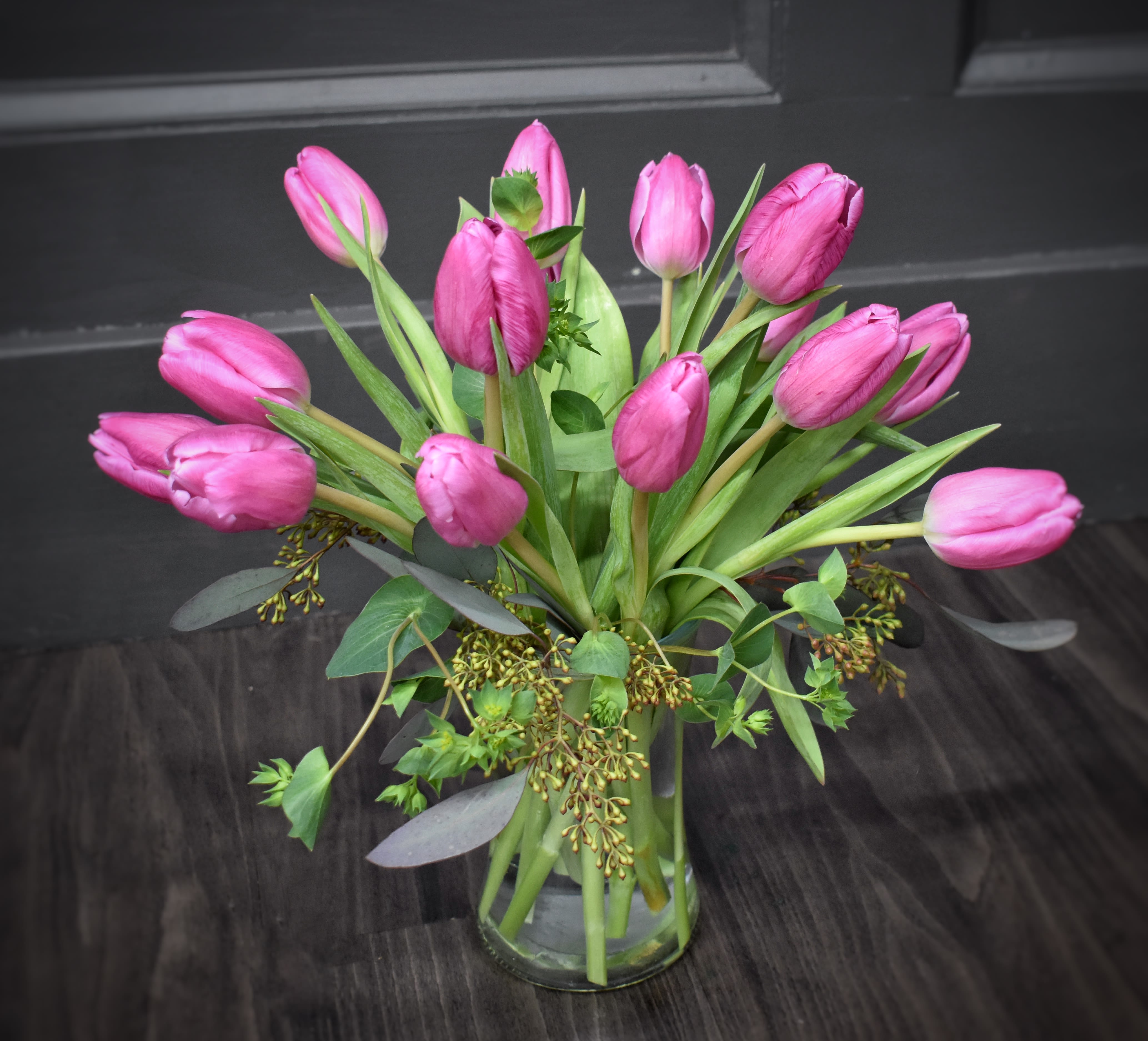 Pretty Pink Tulips - 15 fresh cut tulips, simply designed in a clear glass vase
