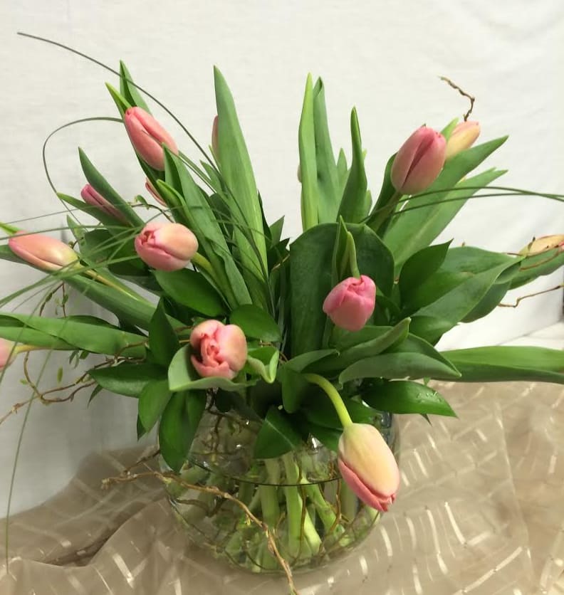 Just Tulips - Just Tulips  - and a bit of curly willow keep this design simple and elegant Tulip colors will vary and may be assorted colors depending on availability.