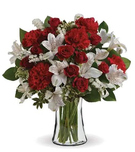 "Lovely Valentine" Arrangement  - Arrangement of red and white valentine's flowers. Spray roses, carnations, alstroemeria and mixed greens 